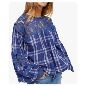 Free People Darling Diana Embroidered Lace Plaid Blouse XS Cotton